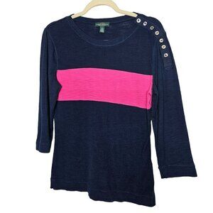 Lauren Jeans Co. Ralph Lauren Navy Pink Striped Button Shoulder Sweater Top‎ L